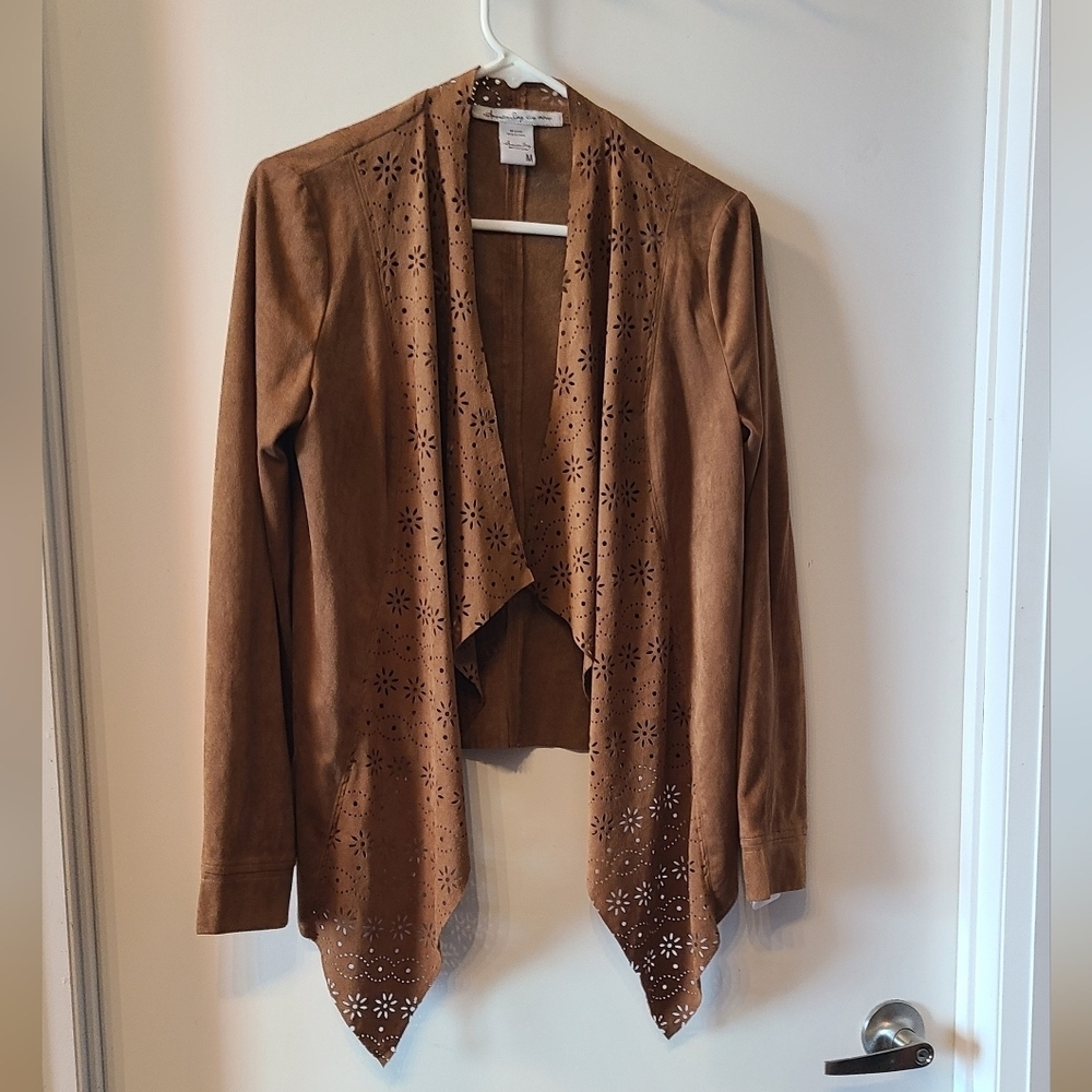 American Rag Camel Brown Laser Cut Faux Suede Open Jacket.